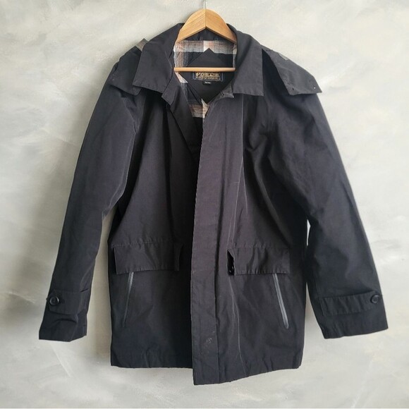 Mens Black Pendleton Jacket Barn Chore Detachable Hood Button Size M - Picture 2 of 14